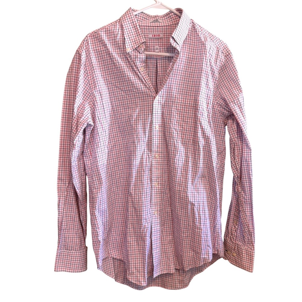 IZOD Mens Button Down Shirt 16 34/35 Red Navy White Tattersall Check Cotton L/S
